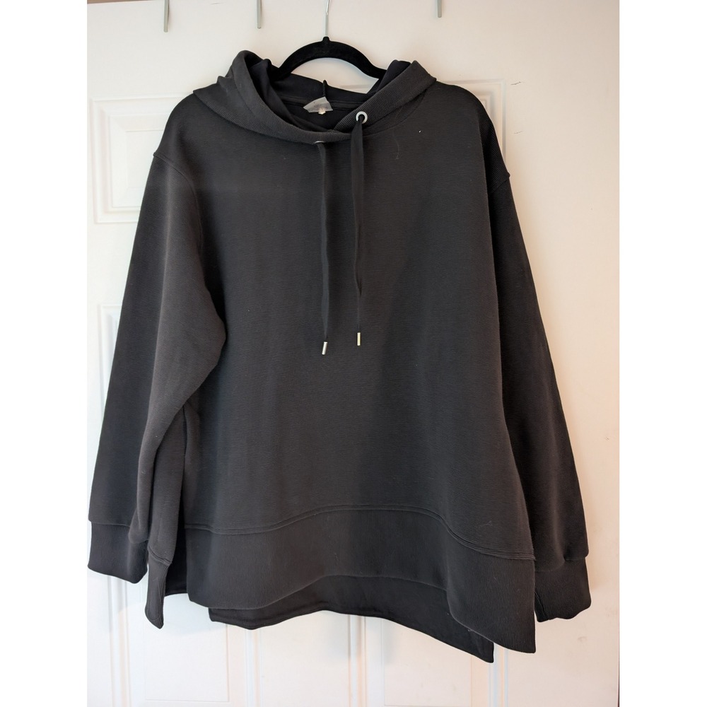 Calia Ribbed Pullover Hoodie Womens Large Black Excellent Side Slit Athleisure